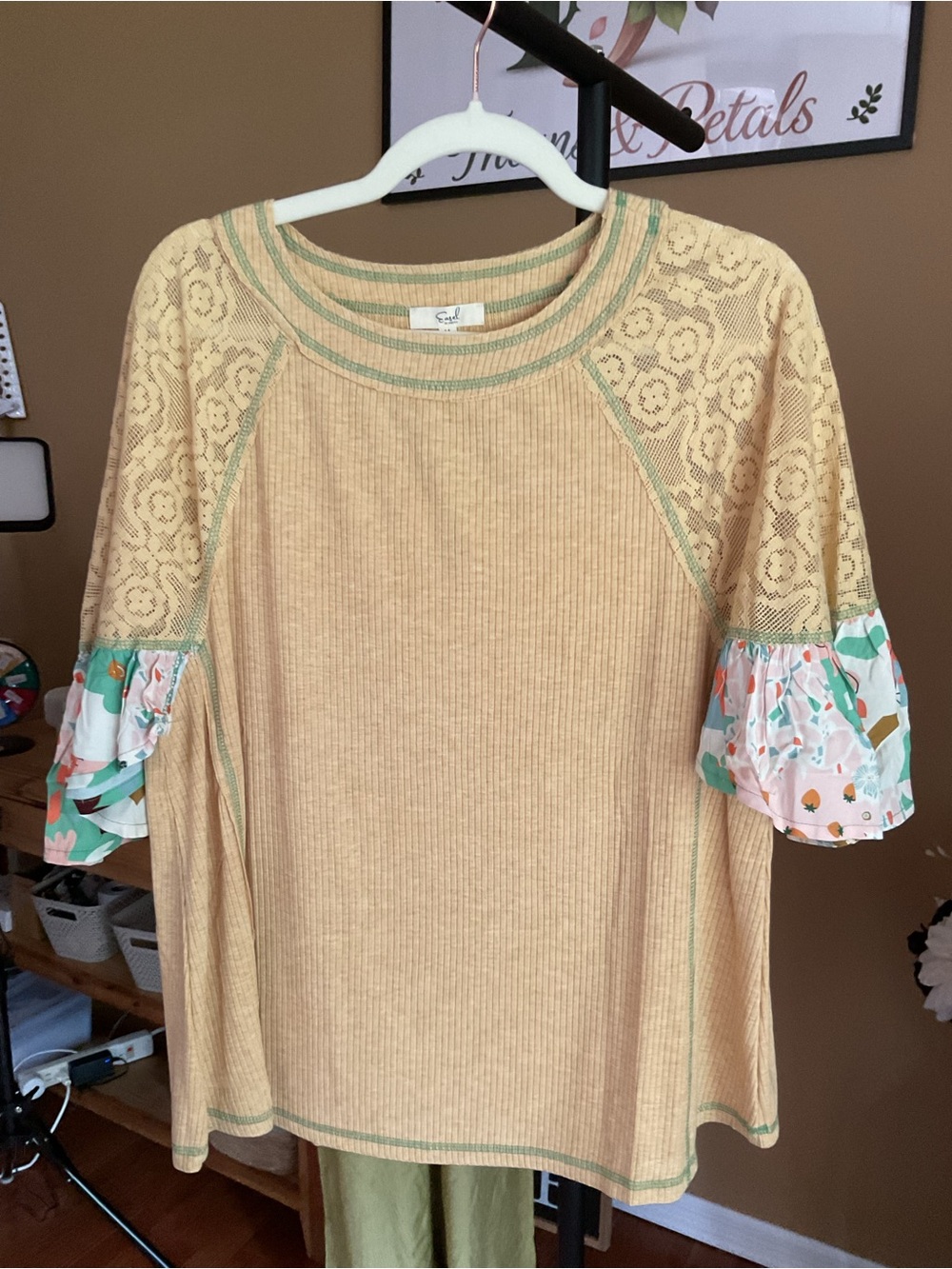 Easel Cream Lace Raglan Top with Floral Ruffle Sleeves
